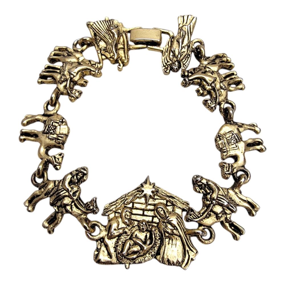 Vintage 1995 BG Nativity Story Link Bracelet Gold Tone Christmas Magi Manger
